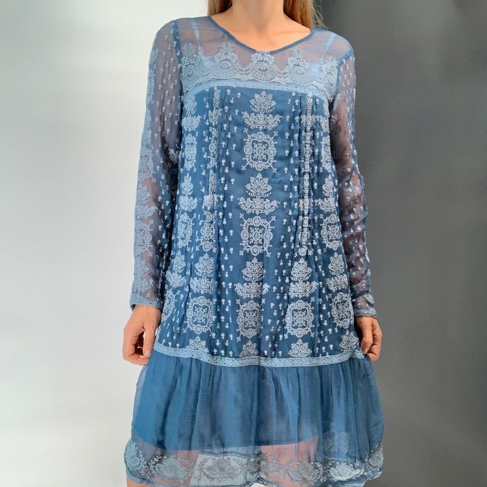 SUNDANCE 100% silk blue long sleeve tunic dress sz petite xs fits regular xs wel